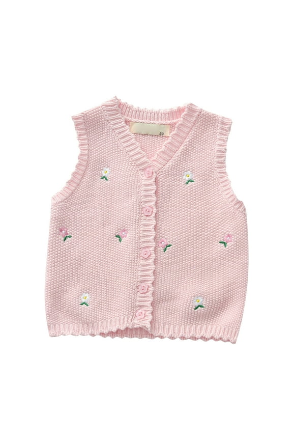 Sweater Vest Baby Girls Floral Embroided Crochet V-Neck Sleeveless Tops Ruffle Knit Button Down Vest Cute Cardigan for Spring Autumn Girls Tank Tops Pink 6-12 Months