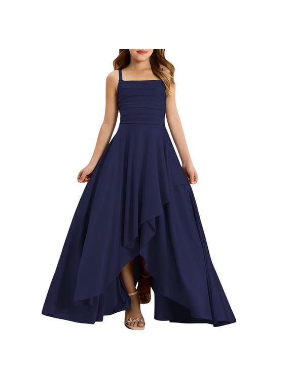 Teen Girl Bridesmaid Dresses Girls Cute Spaghetti Strap Formal Wedding Party Flower Girl Dress Ruffle Hem A-line Party Pageant Gown
