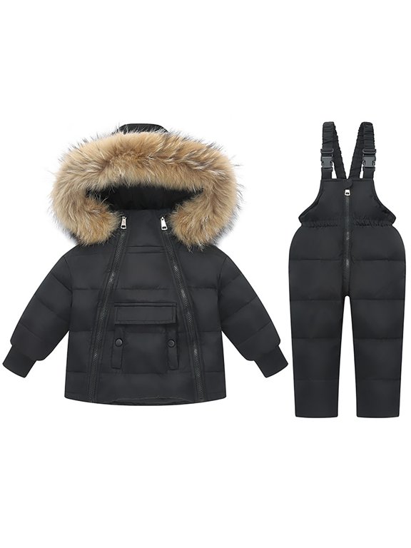 Toddler Baby Girl Winter Ski Outfit Set Faux Fur Trim Hooded Puffer Jacket Windproof Insulated Winter Outerwear Matching Adjustable Suspender Ski Snow Pants Two Piece Snowsuit Set