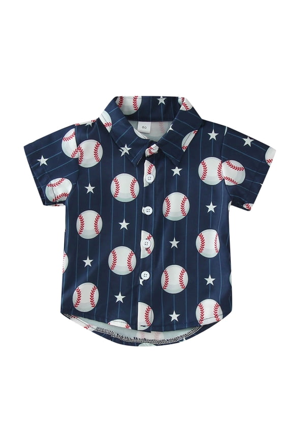 Toddler Beach Shirts Boys Cartoon Baseball Graphic Printed Button Down Shirt Short Sleeve Lapel Blouse Cute Summer Tops Navy 2-3 Years