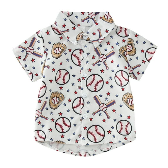 LNMQLPDBS Toddler Beach Shirts Boys Cartoon Baseball Graphic Printed Button Down Shirt Short Sleeve Lapel Blouse Cute Summer Tops White 2-3 Years