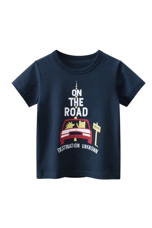 Toddler Boy Clothes Cute Letters Pattern Printed Short Sleeve T Shirt Crewneck Layering Shirts 18 Months Boy Clothes Summer Blouses for Kids Navy 5-6 Years