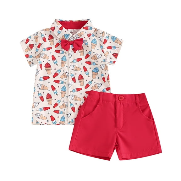 LNMQLPDBS Toddler Boy Patriotic Outfit 4th of July Star Stripe Print Button Up Bow Gentleman Tie Shirt Shorts Set Red White and Blue and Baseball Printed Summer Baby Clothes B 18-24 Months