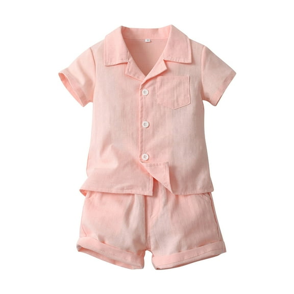 LNMQLPDBS Toddler Boy Sets Solid Color Button Down Shirt & Shorts 2pcs Outfits Boys Dress Shirts Lapel Blouse with Chest Pocket Baby Boy Summer Beach Casual Clothes Sets Pink 4 Years