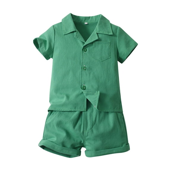 LNMQLPDBS Toddler Boy Sets Solid Color Button Down Shirt & Shorts 2pcs Outfits Boys Dress Shirts Lapel Blouse with Chest Pocket Baby Boy Summer Beach Casual Clothes Sets Green 2 Years