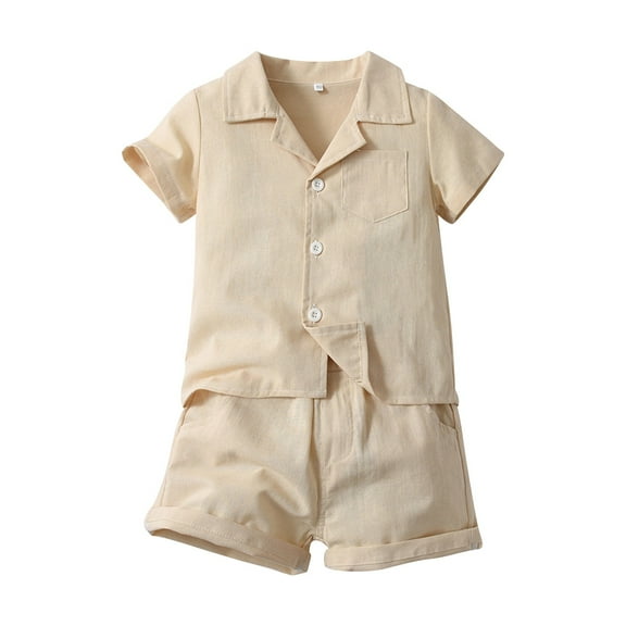 LNMQLPDBS Toddler Boy Sets Solid Color Button Down Shirt & Shorts 2pcs Outfits Boys Dress Shirts Lapel Blouse with Chest Pocket Baby Boy Summer Beach Casual Clothes Sets Beige 2 Years