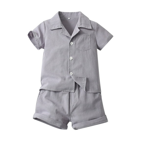 LNMQLPDBS Toddler Boy Sets Solid Color Button Down Shirt & Shorts 2pcs Outfits Boys Dress Shirts Lapel Blouse with Chest Pocket Baby Boy Summer Beach Casual Clothes Sets Grey 2 Years