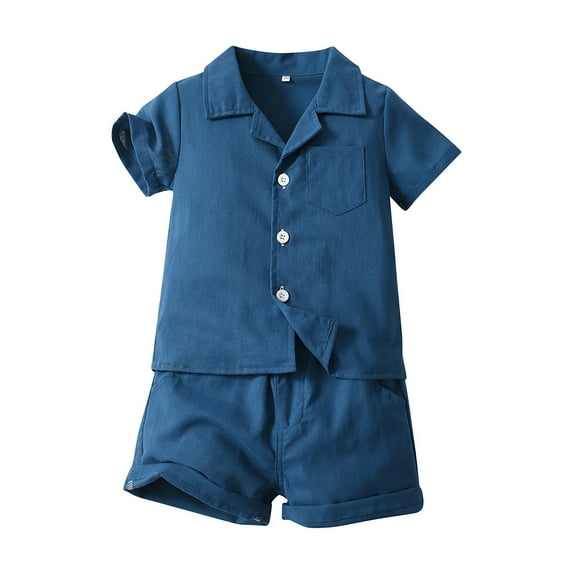 LNMQLPDBS Toddler Boy Sets Solid Color Button Down Shirt & Shorts 2pcs Outfits Boys Dress Shirts Lapel Blouse with Chest Pocket Baby Boy Summer Beach Casual Clothes Sets Blue 2 Years