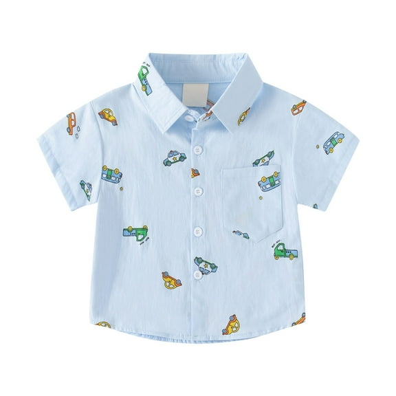 LNMQLPDBS Toddler Button Down Shirt Car Pattern Printed Short Sleeve Lapel Shirts with Chest Pocket 4t Little Boys Clothes Cute Summer Tops for Beach Party Vacation Light Blue 4-5 Years