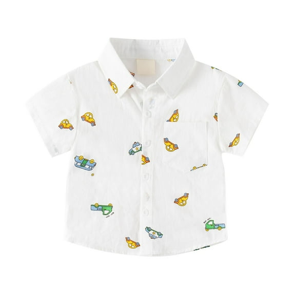LNMQLPDBS Toddler Button Down Shirt Car Pattern Printed Short Sleeve Lapel Shirts with Chest Pocket 4t Little Boys Clothes Cute Summer Tops for Beach Party Vacation White 7-8 Years