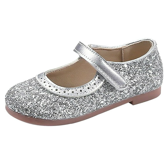 LNMQLPDBS Toddler Dress Shoes Low Heel Adjustable Band Mary Jane Shoes Baby Stage Performance Dance Shoes Glitter Sequins Flower Girls Flat Shoes Princess Shoes for Wedding Silver 6-7 Years