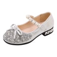 thumbnail image 1 of LNMQLPDBS Toddler Dress Shoes Soft Sole Shining Decoration Performance Dance Shoes for Girls Lightweight Non-Slip Low Heels Shoes Princess Shoes for Communion Wedding Silver 7-8 Years, 1 of 5