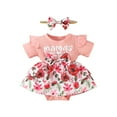 thumbnail image 1 of LNMQLPDBS Toddler Girl Clothes Sets Letters Printed Ribbed Ruffle Trim Short Sleeve Onesies & Floral Printed Skirt with Bow & Headband 3pcs Sets 0-3 Months Baby Girl Clothes Red2 9-12 Months, 1 of 4