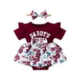thumbnail image 1 of LNMQLPDBS Toddler Girl Clothes Sets Letters Printed Ribbed Ruffle Trim Short Sleeve Onesies & Floral Printed Skirt with Bow & Headband 3pcs Sets 0-3 Months Baby Girl Clothes Red1 12-18 Months, 1 of 4