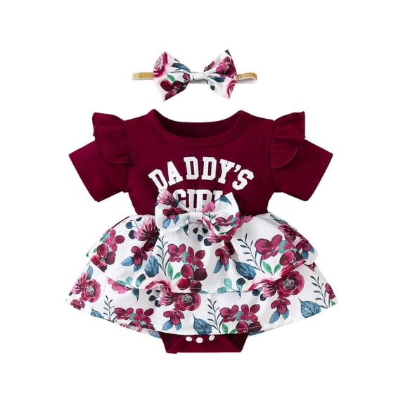 LNMQLPDBS Toddler Girl Clothes Sets Letters Printed Ribbed Ruffle Trim Short Sleeve Onesies & Floral Printed Skirt with Bow & Headband 3pcs Sets 0-3 Months Baby Girl Clothes Red1 12-18 Months