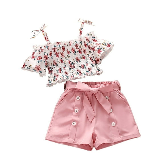 LNMQLPDBS Toddler Girl Sets Floral Printed Adjustable Shoulder Strap Ruffle Trim Short Sleeved Tops & Button Decoration Solid Color Shorts with Waist Tie Outfitts Girls Cute Summer Set Red 4 Years