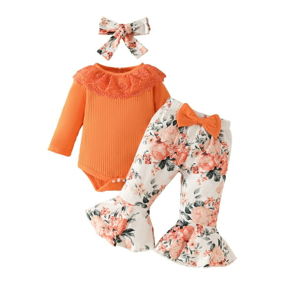 LNMQLPDBS Toddler Girl Sets Ribbed Long Sleeve Ruffle Romper with Lace Trim & Floral Printed Bell-Bottom Pants & Headband Set 3pcs Fall Winter Outfits Newborn Baby Girl Clothes Red 6-9 Months