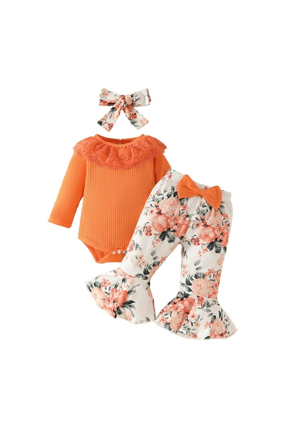 Toddler Girl Sets Ribbed Long Sleeve Ruffle Romper with Lace Trim & Floral Printed Bell-Bottom Pants & Headband Set 3pcs Fall Winter Outfits Newborn Baby Girl Clothes Red 0-3 Months