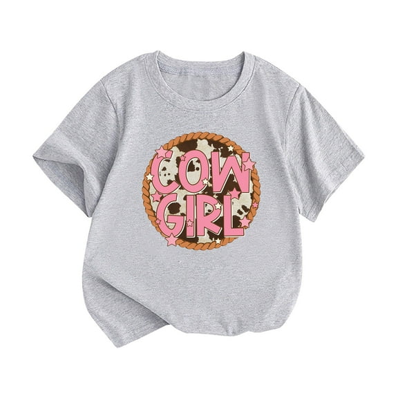 LNMQLPDBS Toddler Girl Shirts Cowgirl Letters Graphic Print Tops Short Sleeve Crewneck Casual Tshirt Summer Basic Layering Tees for Baby Girls Grey 18-24 Months