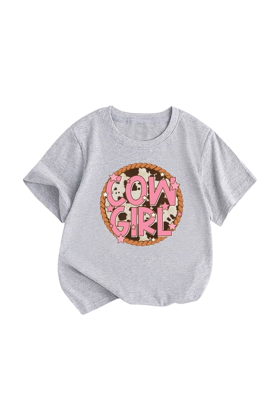 Toddler Girl Shirts Cowgirl Letters Graphic Print Tops Short Sleeve Crewneck Casual Tshirt Summer Basic Layering Tees for Baby Girls Grey 8-10 Years