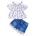 thumbnail image 1 of LNMQLPDBS Toddler Girl Short Sets Baby Girls Off Shoulder Floral Print Pleated Front Ruffle Hem Tops & Denim Lace Trim Shorts 2pcs Outfits 3 Year Old Girl Gifts Kids Summer Trendy Set, 1 of 4