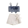 thumbnail image 1 of LNMQLPDBS Toddler Girl Short Sets Spaghetti Straps Bowknot Denim Crop Top + Layered Ruffle Trim Denim Skirts 2pcs Outfits Summer Stylish Vest Set Baby Clothes for Girls for Vacation Party and Photo, 1 of 6
