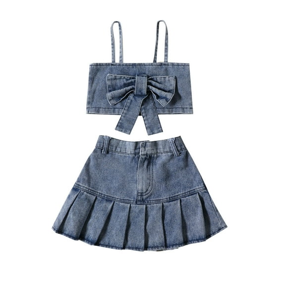 LNMQLPDBS Toddler Girl Short Sets Spaghetti Straps Bowknot Denim Crop Top + Layered Ruffle Trim Denim Skirts 2pcs Outfits Summer Stylish Vest Set Baby Clothes for Girls for Vacation Party and Photo
