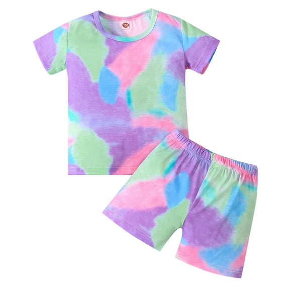 LNMQLPDBS Toddler Girl Short Sets Unisex Kids Tie-Dye Color Block Colorful Short Sleeve Crewneck Tshirt & Shorts 2pcs Outfits Baby Gifts for Girl Casual Soft Breathable Summer Girls Lounge Set