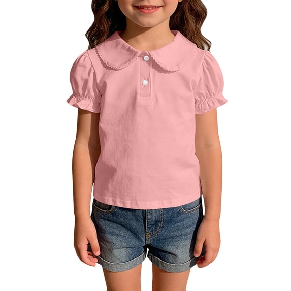 LNMQLPDBS Toddler Girl Short Sleeve Ruffle Edge Clollared T-Shirts Cute Puff Sleeve Pleated Front Tops Summer Blouse for Beach Party Vacation