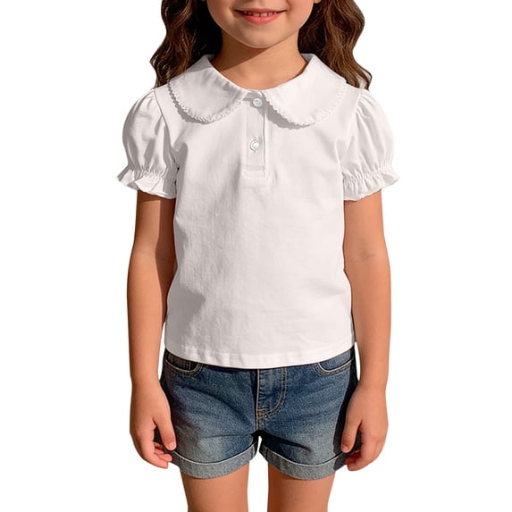 LNMQLPDBS Toddler Girl Short Sleeve Ruffle Edge Clollared T-Shirts Cute Puff Sleeve Pleated Front Tops Summer Blouse for Beach Party Vacation
