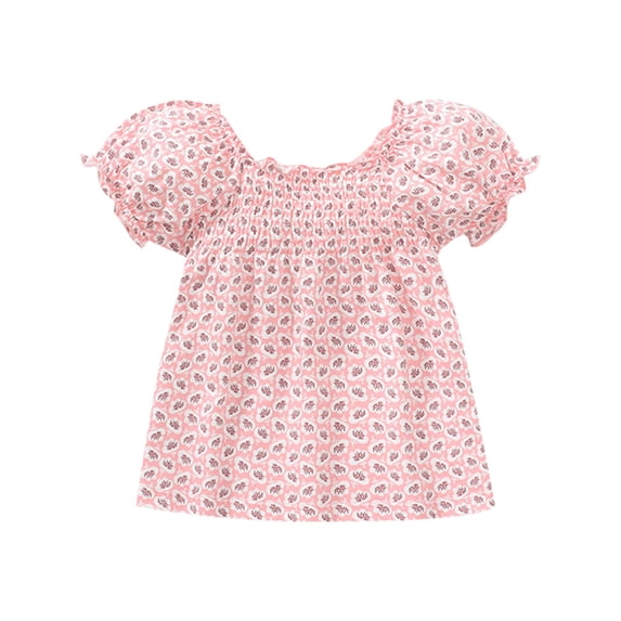 LNMQLPDBS Toddler Girl Short Sleeve Ruffle Edge Print Crewneck T-Shirts Cute Puff Sleeve Pleated Front Tops Summer Blouse for Beach Party Vacation Pink 4-5 Years
