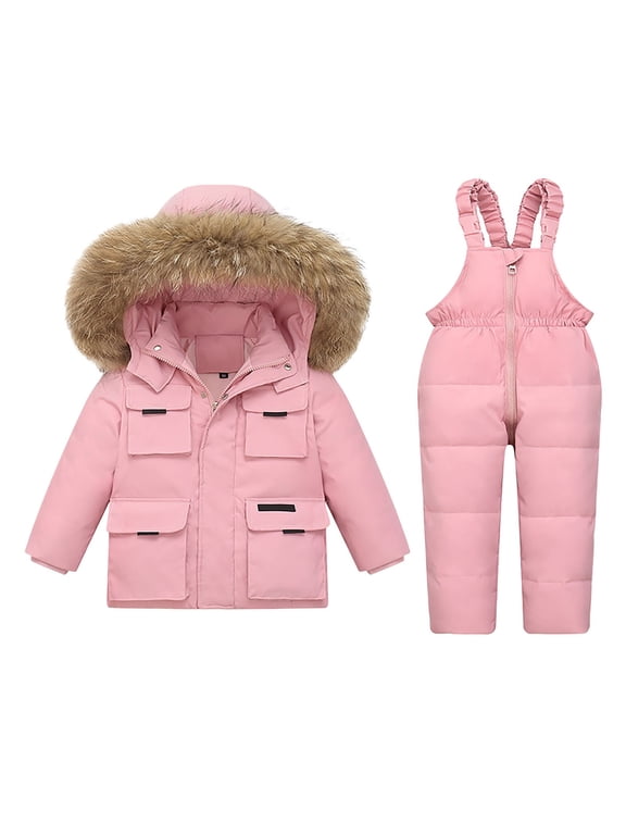 Toddler Girls 2 Piece Insulated Ski Outfit Faux Fur Trim Hooded Winter Snow Jacket Warm Adjustable Suspender Snow Pants Two Piece Outdoor Snowboarding Ski Set for Cold Weather Snow
