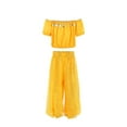 thumbnail image 1 of LNMQLPDBS Toddler Girls 2 Piece Performance Outfit Kids Off Shoulder Top Loose Hollow Out Pants Stage Dance Set Casual Holiday Party Wear with Elastic Waistband, 1 of 6