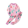 thumbnail image 1 of LNMQLPDBS Toddler Girls Christmas Tree Print Set Kids Cute Holiday Outfit Girls Allover Graphic Tee and Pants 2 Piece Set with Contrast Cuffs for School Party Daily Wear, 1 of 8