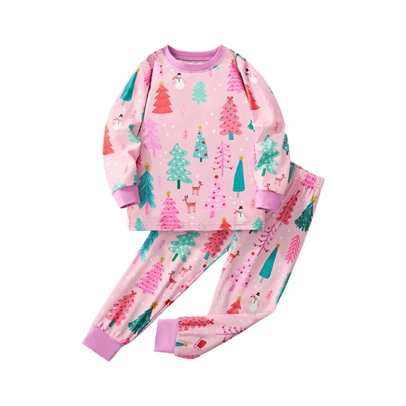 LNMQLPDBS Toddler Girls Christmas Tree Print Set Kids Cute Holiday Outfit Girls Allover Graphic Tee and Pants 2 Piece Set with Contrast Cuffs for School Party Daily Wear
