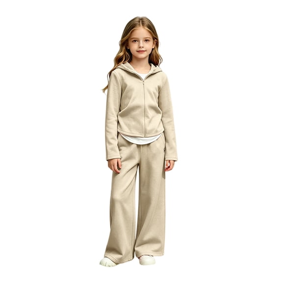 LNMQLPDBS Toddler Girls Curved Hem Sweatsuit Set Kids Relaxed Wide Leg Outfit Teen Casual 2 Piece Activewear Tween Layered Zip Up Hoodie and Pants for School Daily Wear