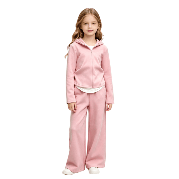 LNMQLPDBS Toddler Girls Curved Hem Sweatsuit Set Kids Relaxed Wide Leg Outfit Teen Casual 2 Piece Activewear Tween Layered Zip Up Hoodie and Pants for School Daily Wear