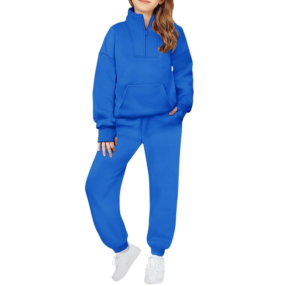 LNMQLPDBS Toddler Girls Half Zip Track Suit Kids Solid Color Fleece Pullover with Kangaroo Pockets Teen Stand Collar Sweatshirt and Jogger Pants Casual 2 Piece Sportswear Outfit