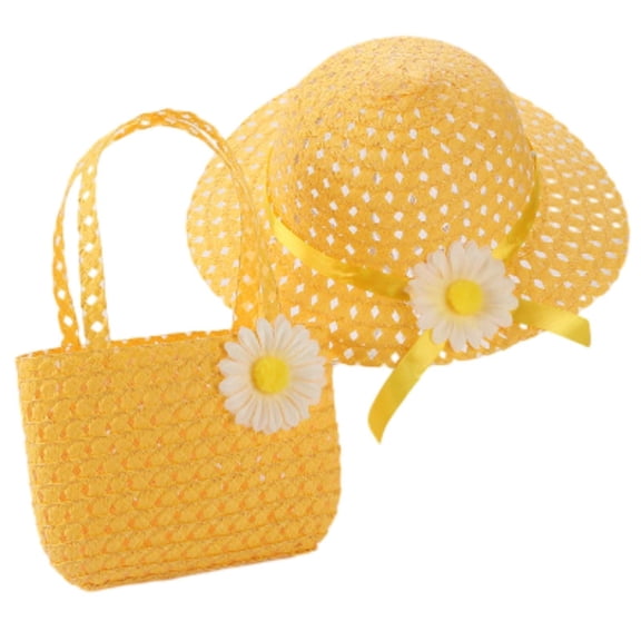 LNMQLPDBS Toddler Girls Hat Baby Summer Straw Hat Set Woven Children Sunhat + Bag One Year Old Girl Birthday Gifts Wide Brim Fancy Hat with Sunflower Newborn Hats for Baby Girls Yellow One Size