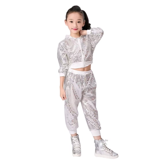 LNMQLPDBS Toddler Girls Sequin Dance Outfit Set Kids Sparkly Zip Up Jacket Girls Hip Hop Performance Clothing Teen Stage Costume Tween Shiny Two Piece Jogger Set with Elastic Waistband