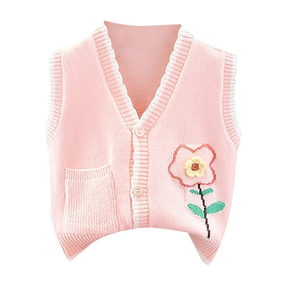LNMQLPDBS Toddler Girls Sweater Vest Floral Embroided V-Neck Tops Ruffle Knit Button Down Vest Sleeveless Cute Cardigan Tank Tops with Pocket Baby Girls Clothes Pink 2-3 Years