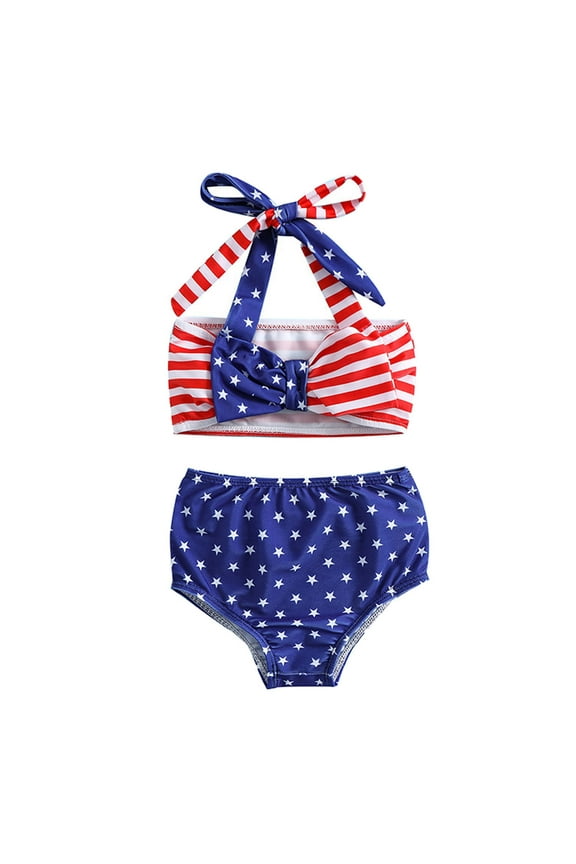 Toddler Girls Swimsuit Red White and Blue Print Bathing Suit Baby Tankini Sets Summer Two Piece Adjustable Shoulder Straps Swimwear Bikini Set for All Holiday Beach Play in The Sun