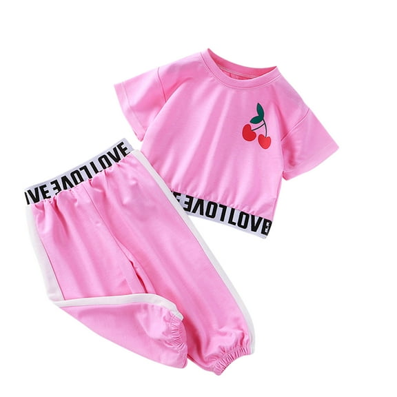 LNMQLPDBS Toddler Sets for Girls Cherry Graphic Letters Printed Short Sleeve Crewneck T-Shirt & Loose Elastic Waist Pants 2pcs Outfits Baby Girl Clothes Kids Casual Sport Set for Spring Summer