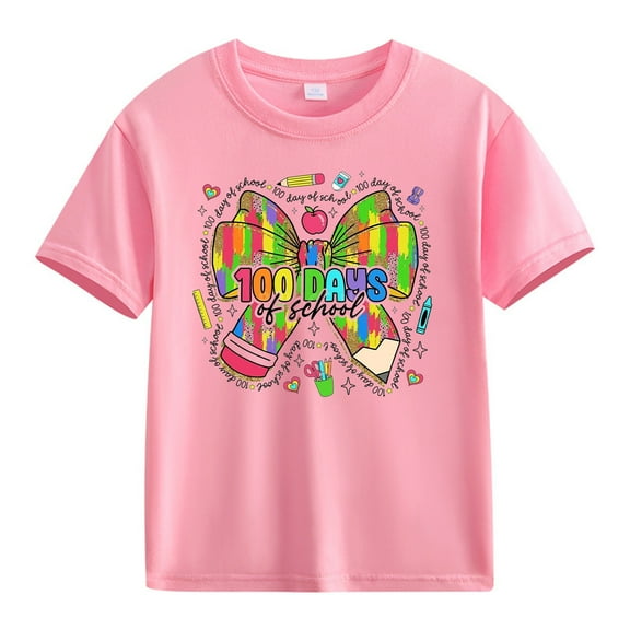 LNMQLPDBS Toddler Shirts 100 Days of School Shirt Boys Letters Graphic Printed Short Sleeve Crewneck T Shirt Summer Tops for Kids Pink 6-7 Years