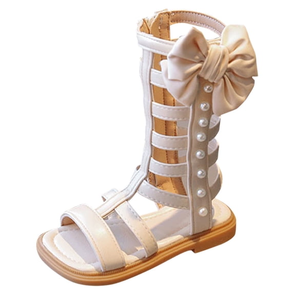 LNMQLPDBS Toddler Summer Shoes Trendy Girls' Sandals with Side Zipper Girls Sandals Size 5 Children's Fashion Princess Shoes with Side Bowknot and Pearl Decoration Roman Sandals
