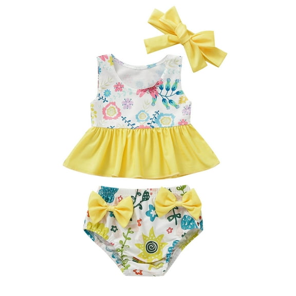 LNMQLPDBS Toddler Swimsuit Girl Flower Printed Ruffle Hem Sleeve Sleeveless Tops Elastic Waist Triangle Swimming Shorts & Bow Headbands 3pcs Outfits Swimwear 12-18 Month Swimsuit Girl Baby Bikini
