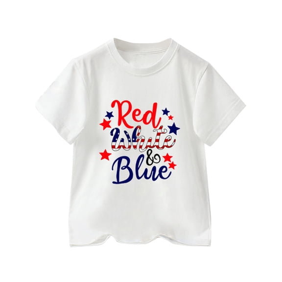 LNMQLPDBS Unisex Baby Clothes Patriotic Red White Blue USA Flag Letters Print Tshirts Short Sleeve Crewneck Sport T-Shirt Kids Summer Tops White 7-8 Years