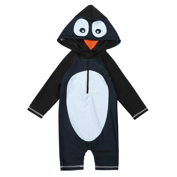 LNMQLPDBS Unisex Kids Bathing Suits Cartoon Cute Penguin Printed Swimwear Beach Long Sleeve Hooded Onesie Swimsuit with Ziper Girls Rash Guard Swimsuit Boys Rashguard Swim Set Black 2-3 Years
