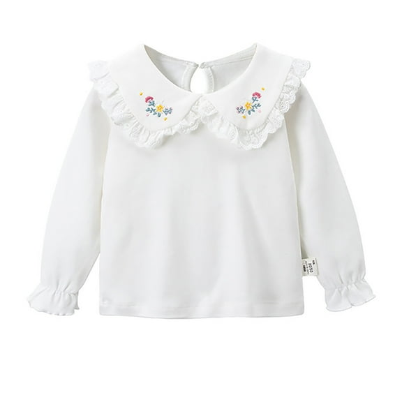 LNMQLPDBS White Blouse for Girls Long Sleeve Doll Collar with Floral Printed Shirt Puff Sleeve Keyhole Back Ruffle T-Shirt Casual Soft Cute Tops for Girls Pink 5-6 Years