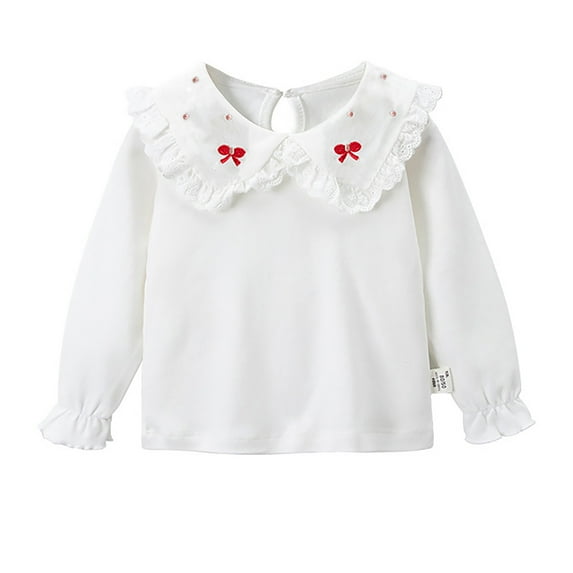 LNMQLPDBS White Blouse for Girls Long Sleeve Doll Collar with Floral Printed Shirt Puff Sleeve Keyhole Back Ruffle T-Shirt Casual Soft Cute Tops for Girls Red 4-5 Years